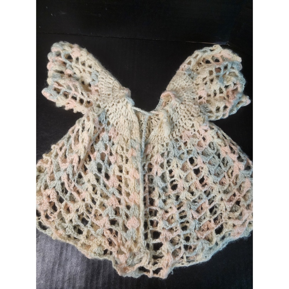 Handmade Crochet Baby Dress Pastel Pink Blue Cream Open Knit Vintage Style